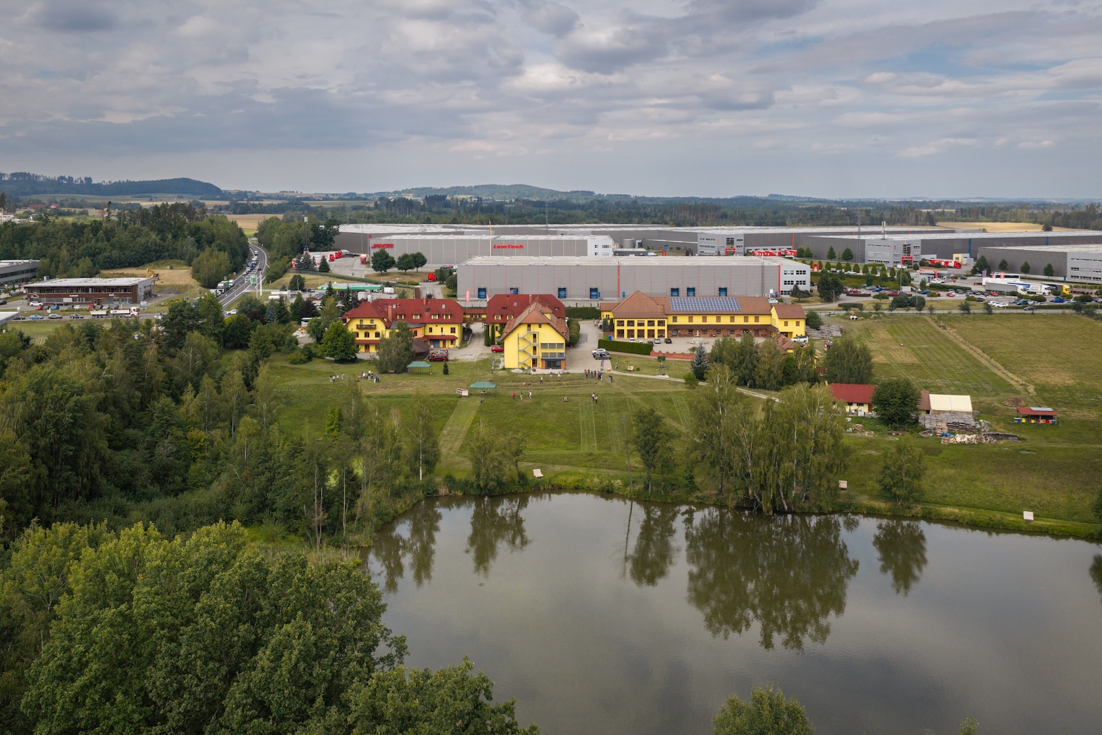 Aerial view of Hotel Tri Vezicky with the pond and demo meadow